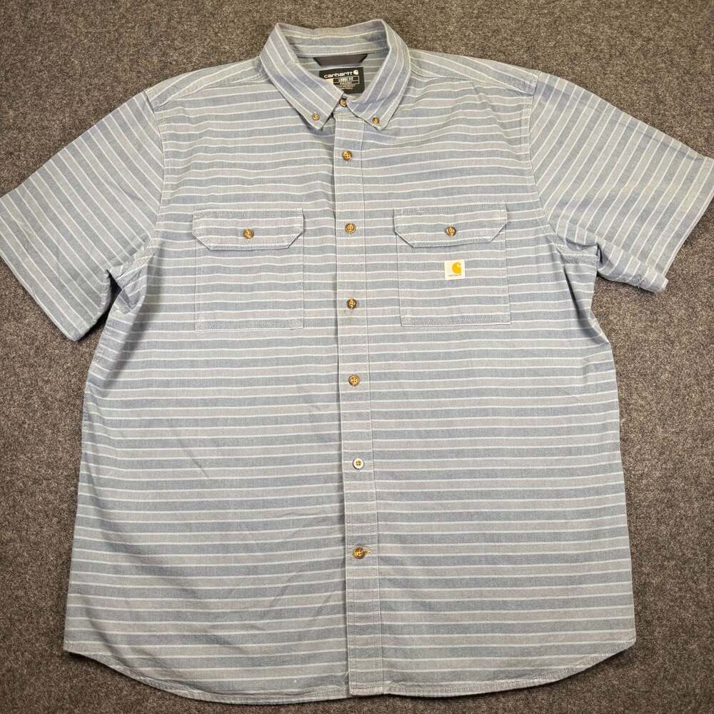 Carhartt Men's Loose Fit Striped Short Sleeve Button-Down Work Shirt Blue/Grey